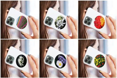 Phone case flower stickers shown on cell phones.