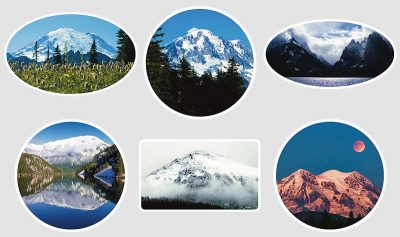 Six Mountain phone case stickers are pictured.